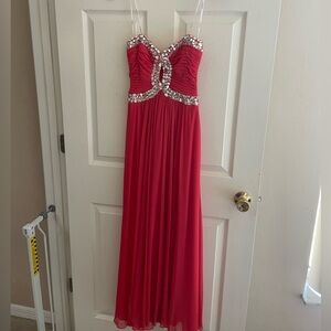Elegant Salmon Red Gown with Embellished Bodice